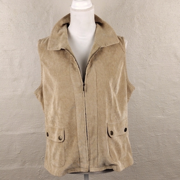 Southern Lady Vintage Tan Corduroy Pointed Collar Sleeveless Zip Up Vest - Picture 11 of 11